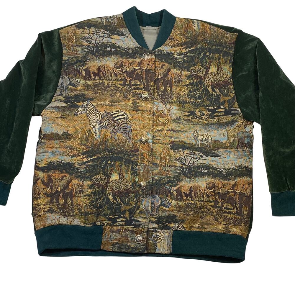 Vintage Jungle Safari Animal Tapestry Print w/ Dark Green Velvet Jacket XL